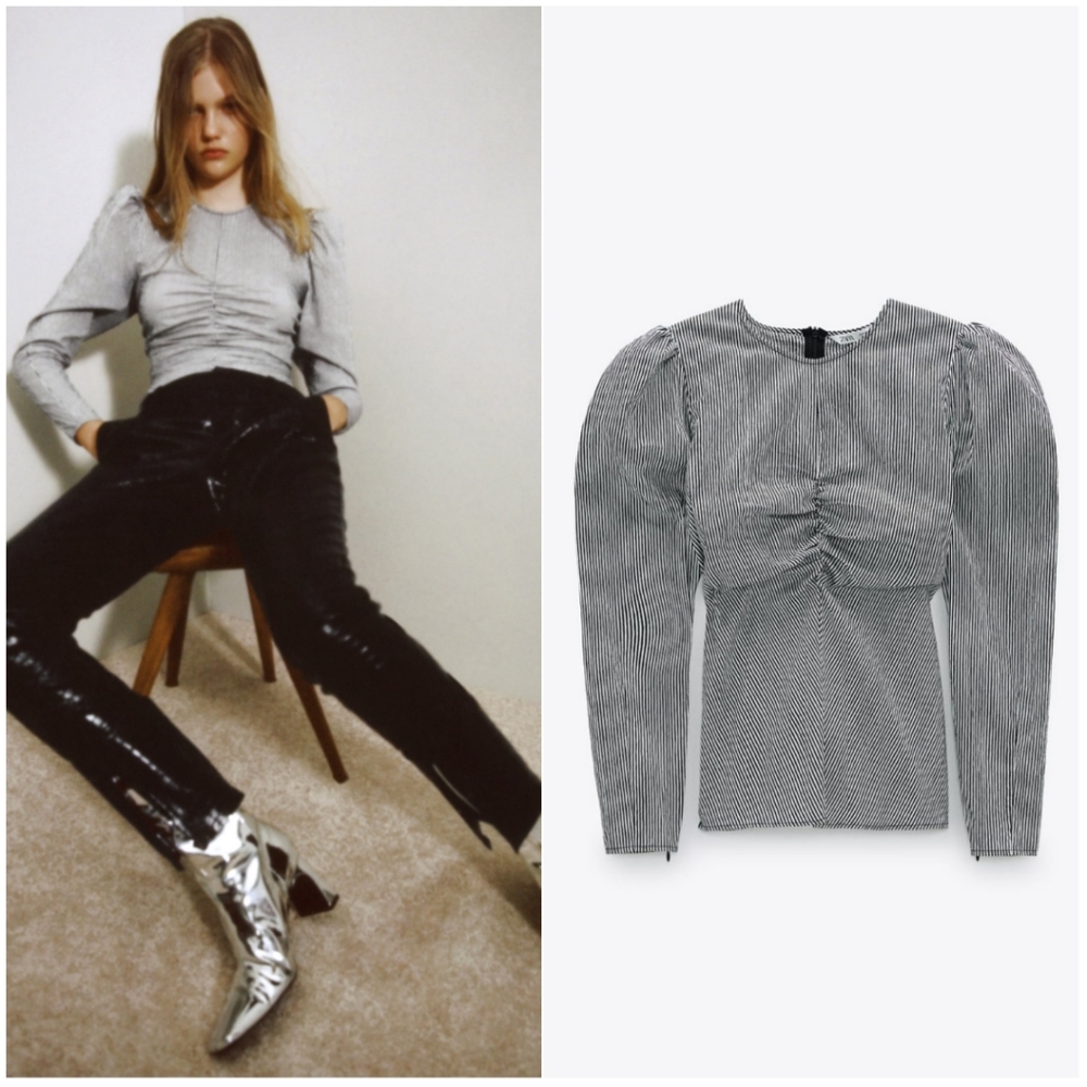 NWT ZARA | Striped Poplin Puff Sleeve Top